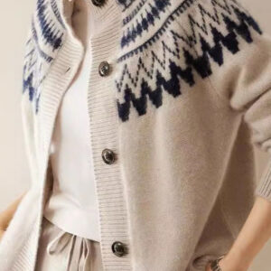 Fair Isle Color Block Geometric Crew Neck Retro Knit Cardigan