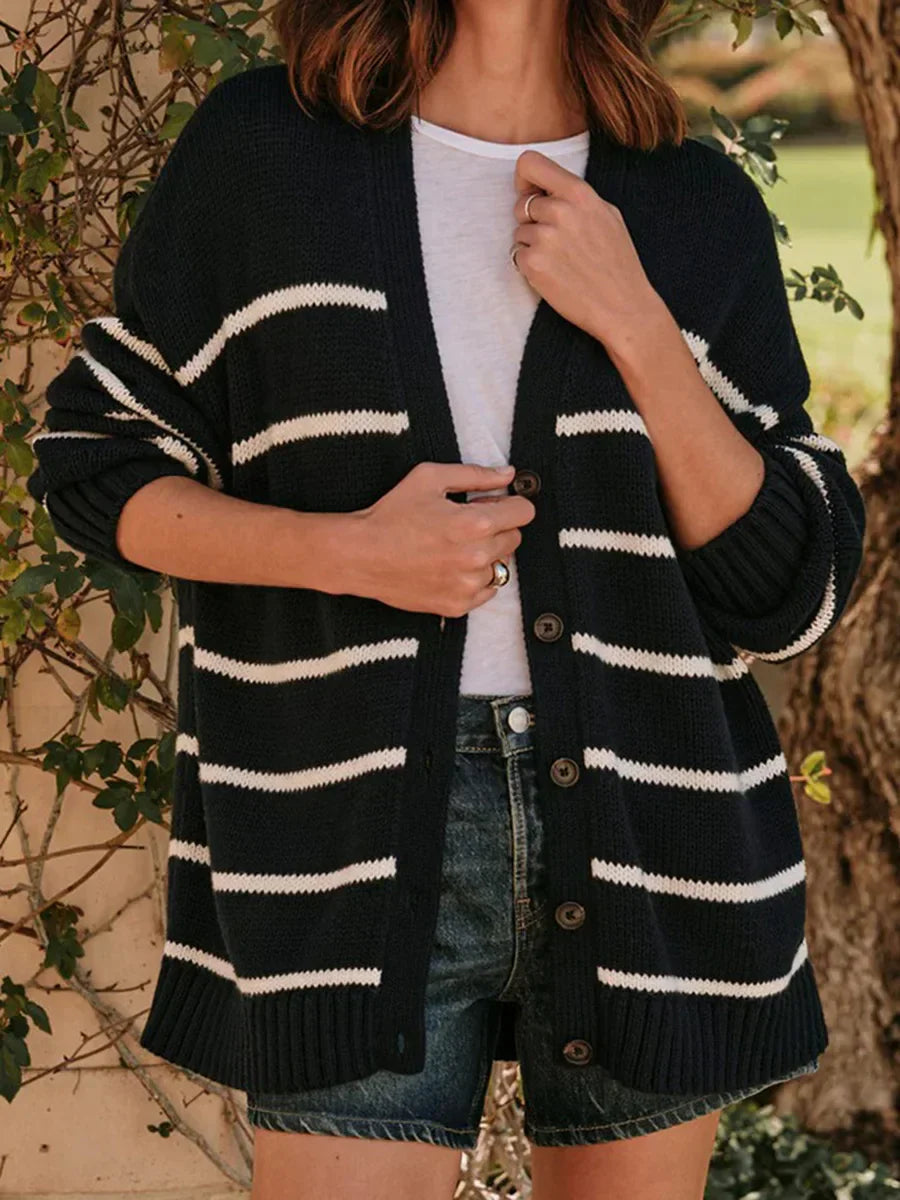Striped V-Neck Knit Cardigan