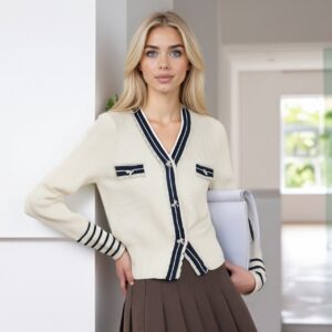 Colorblock Lace Trim V Neck Knit Cardigan